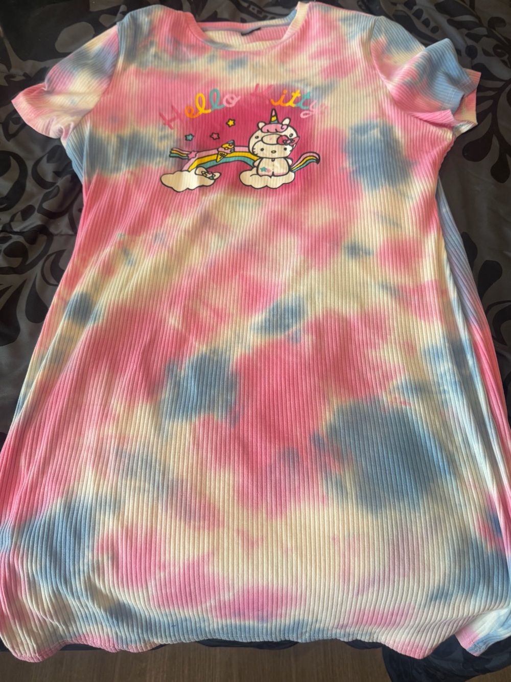 SHEIN Pink Blue Tie-Dye Maxi Dress with Unicorn Graphic